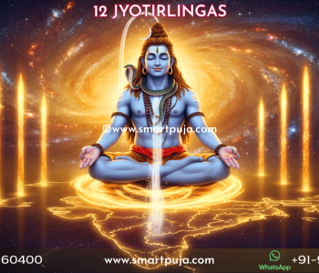 The 12 Jyotirlingas of Lord Shiva glowing on a map of India with cosmic energy.