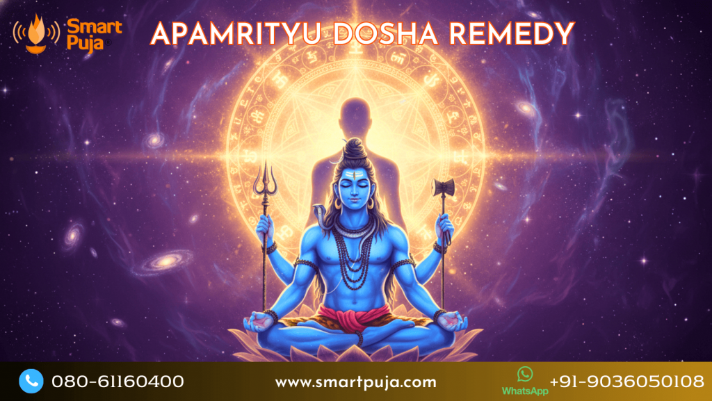 An artistic illustration of Lord Shiva in a protective mudra shielding a devotee from the shadow of time (Yama).