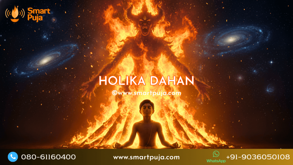 A mesmerizing Holika Dahan bonfire at night with sparks flying upwards, symbolizing the burning of negativity.