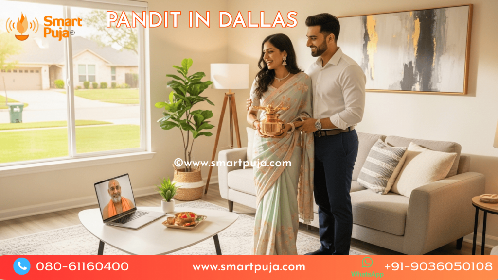 Indian family in Dallas performing Griha Pravesh via laptop video call.