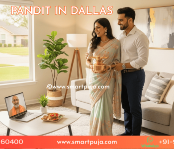 Indian family in Dallas performing Griha Pravesh via laptop video call.