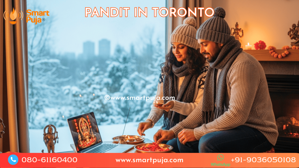 Indian couple in Toronto apartment doing Griha Pravesh with laptop.