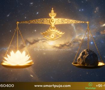 A cosmic balance scale representing the Law of Karma in Hinduism, showing the balance of good and bad deeds.