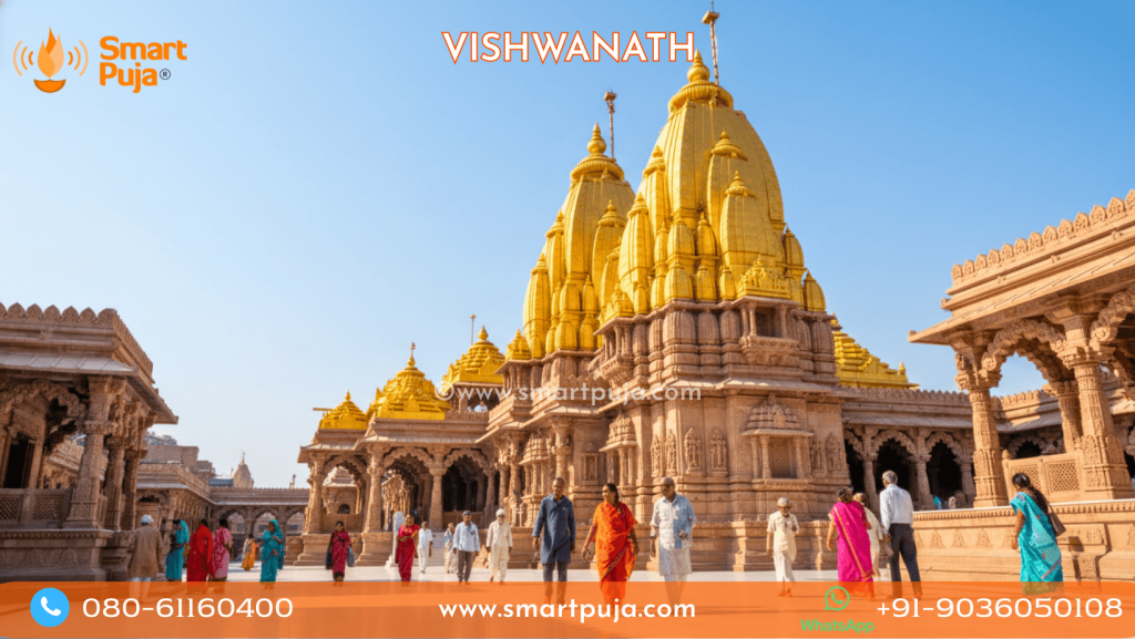 The famous golden spires of the Kashi Vishwanath Jyotirlinga temple near the ghats of Varanasi.