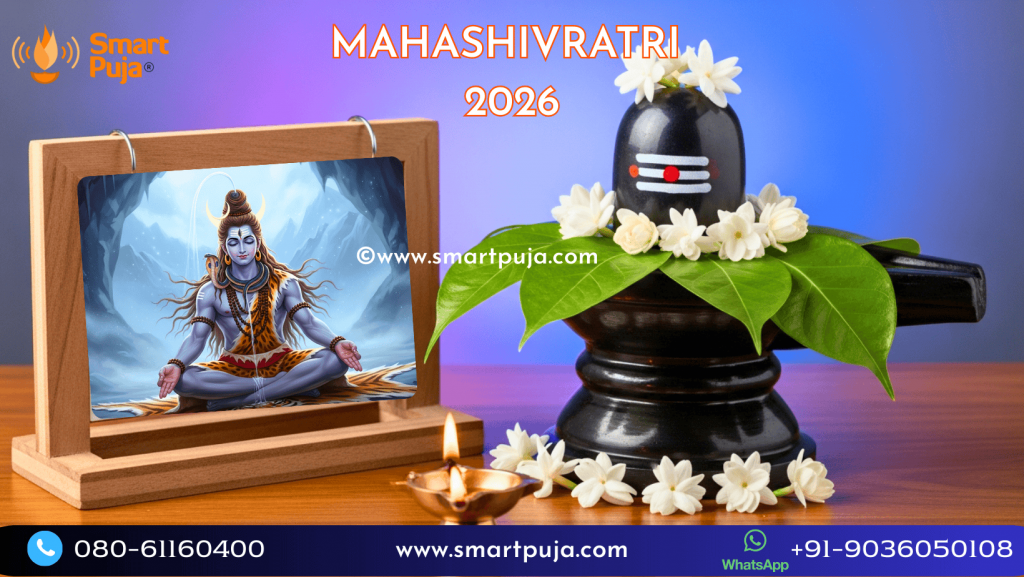 2026 Calendar showing Mahashivratri Date with Shiva Lingam and Bel Patra.