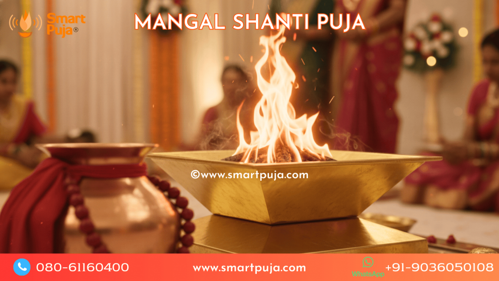 A Vedic Pandit performing a Mangal Dosha Nivaran Puja with red flowers and a copper Kalash. Which Puja Removes Mangalikk Dosha?