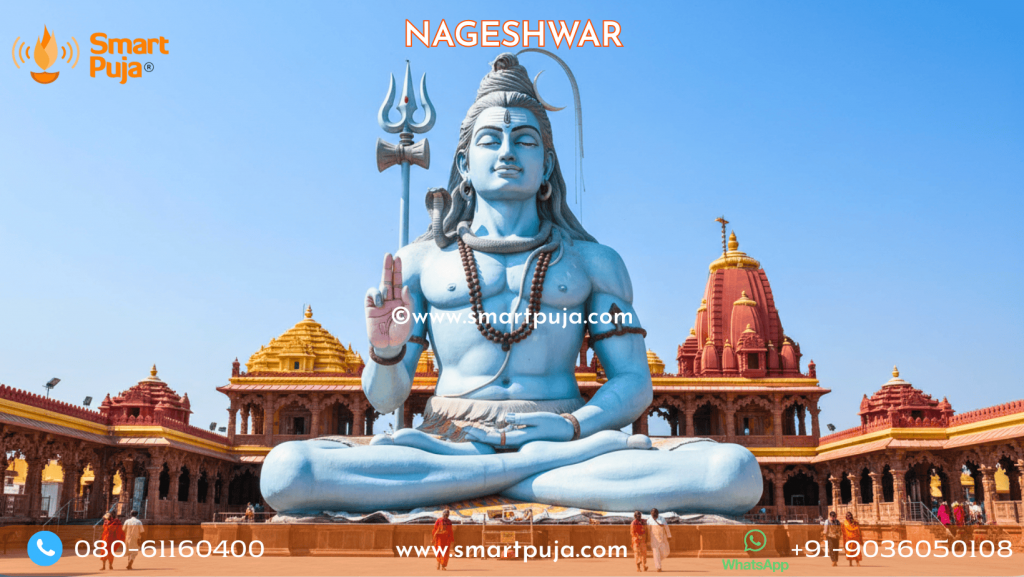 The massive seated Lord Shiva statue at the Nageshwar Jyotirlinga temple near Dwarka.