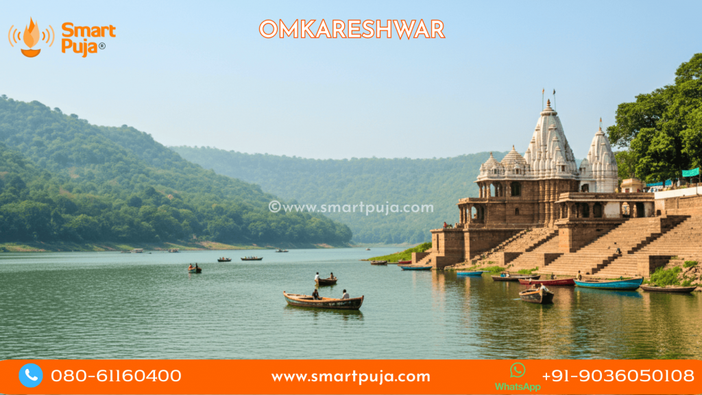 A scenic view of the Omkareshwar Jyotirlinga temple situated on Mandhata island in the Narmada River.