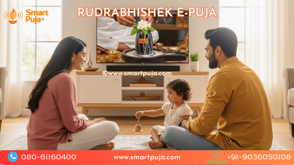 Indian parents and child in USA praying to Lord Shiva during online puja session.