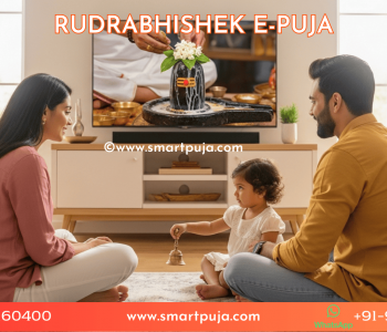 Indian parents and child in USA praying to Lord Shiva during online puja session.