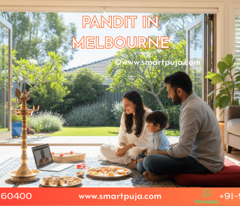 Indian family in Melbourne home performing Satyanarayan Puja via Video Call.