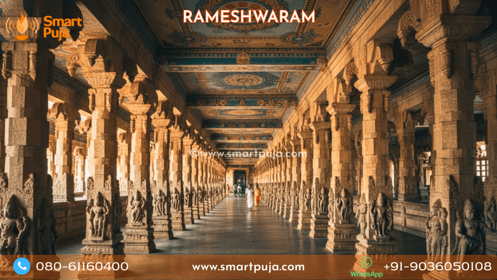 The famous, infinitely long pillared corridor of the Ramanathaswamy Jyotirlinga temple in Rameshwaram.