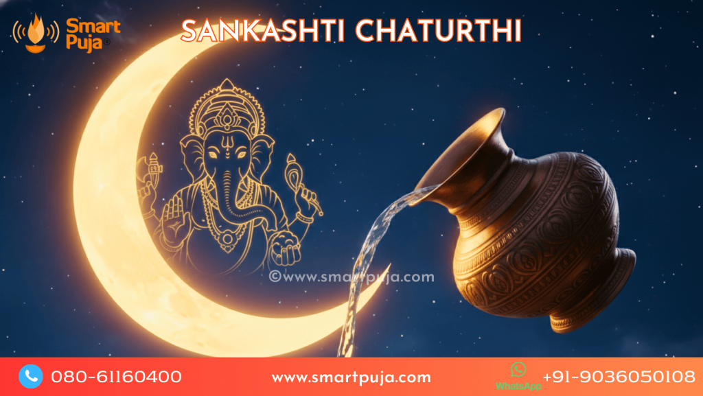 Sankashti Chaturthi - A devotee offering Arghya (Water) to the Moon with Lord Ganesha in the background.
