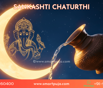 A devotee offering Arghya (Water) to the Moon with Lord Ganesha in the background.