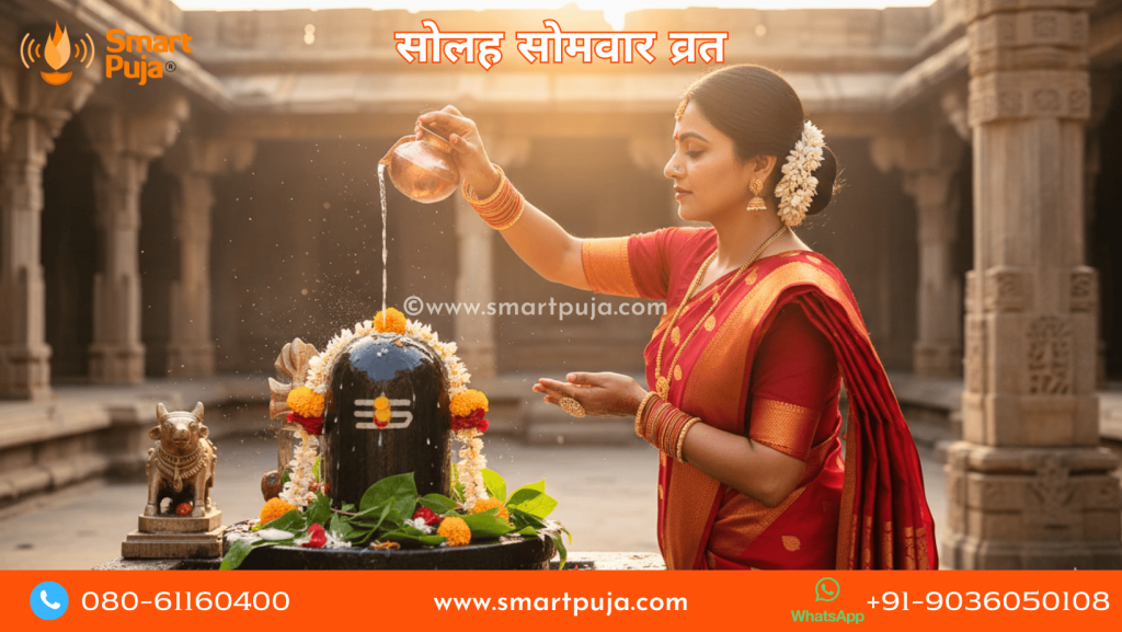 सोलह सोमवार व्रत के दौरान शिवलिंग पर जल और बेलपत्र चढ़ाती हुई महिला।