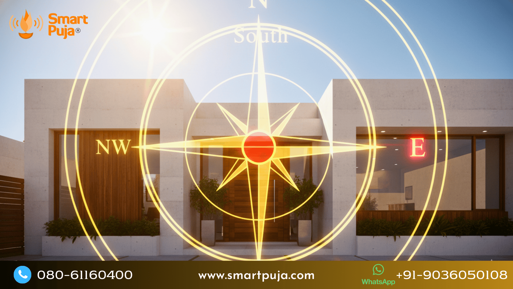 A 3D illustration of a house showing solar energy entering from the South direction with a Vastu Compass.
