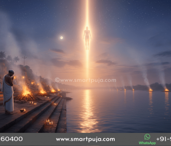 A serene depiction of a soul's spiritual journey towards the divine light, representing the teachings of the Garuda Purana.