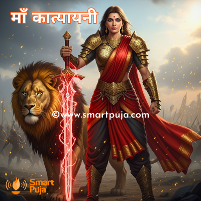 योद्धा देवी कात्यायनी तलवार और कमल के साथ खड़ी हुई।