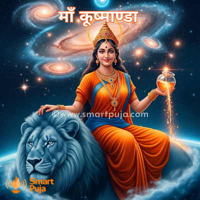 माँ कूष्माण्डा शेर पर सवार, सूर्य की ऊर्जा बिखेरती हुई।