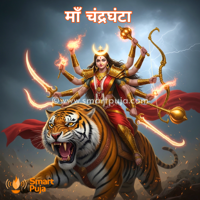 माँ चंद्रघंटा बाघ पर सवार, युद्ध के लिए तैयार, दस भुजाओं के साथ।