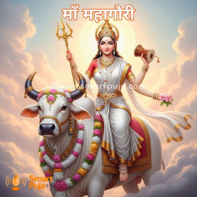 श्वेत वर्ण वाली माँ महागौरी सफेद बैल पर सवार।