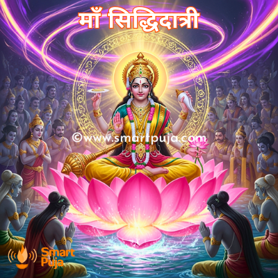 माँ सिद्धिदात्री कमल पर बैठकर आशीर्वाद देती हुई।