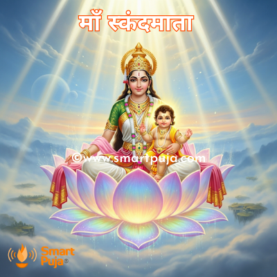 माँ स्कंदमाता कमल पर बैठी हुई, बाल कार्तिकेय को गोद में लिए हुए।