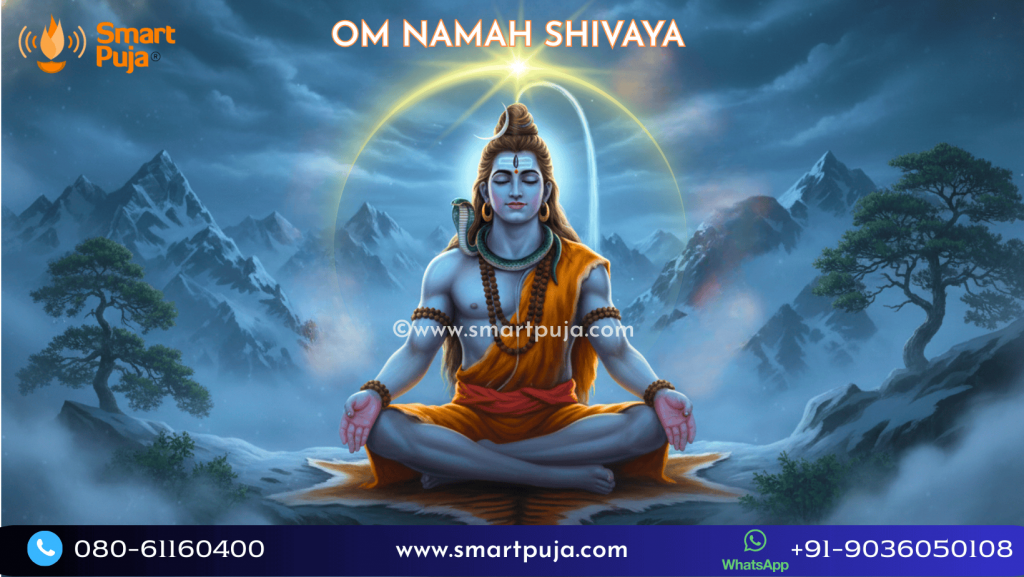 Lord Shiva in deep meditation with the Om Namah Shivaya mantra glowing in Sanskrit