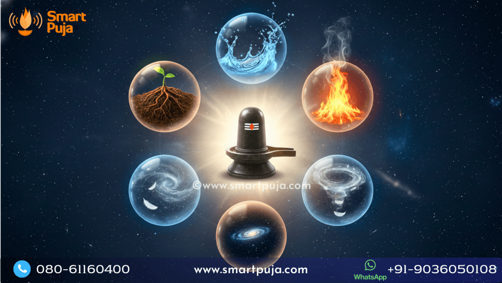 The five syllables of Om Namah Shivaya representing the five elements of nature: Earth, Water, Fire, Air, and Space.