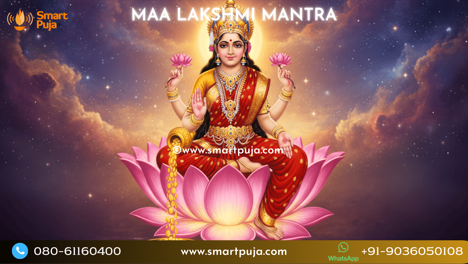 Goddess Lakshmi sitting on a lotus bestowing wealth - Powerful Lakshmi Mantras by SmartPuja